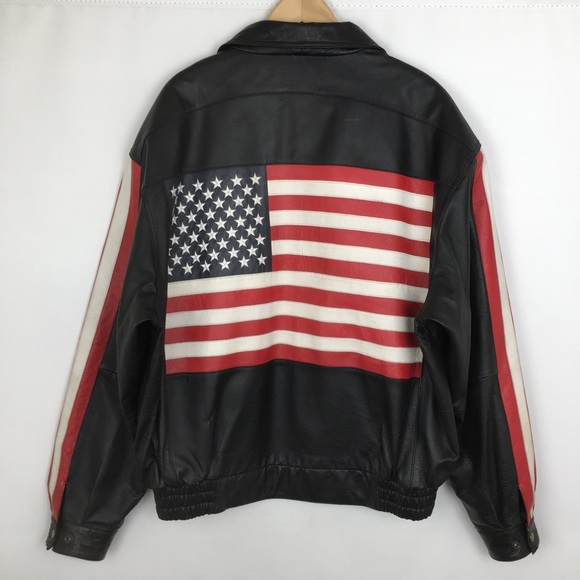 Vintage Y2K American Flag Men's Black‎ Leather Jacket Size XL by Eagles Landing - Picture 1 of 16